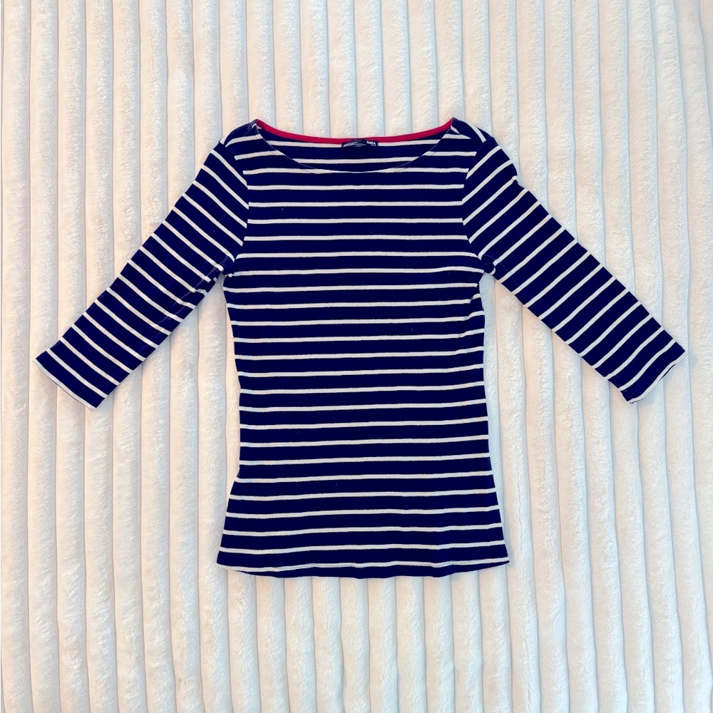 Zara Navy and White Striped Fitted 3/4 sleeve boatneck shirt